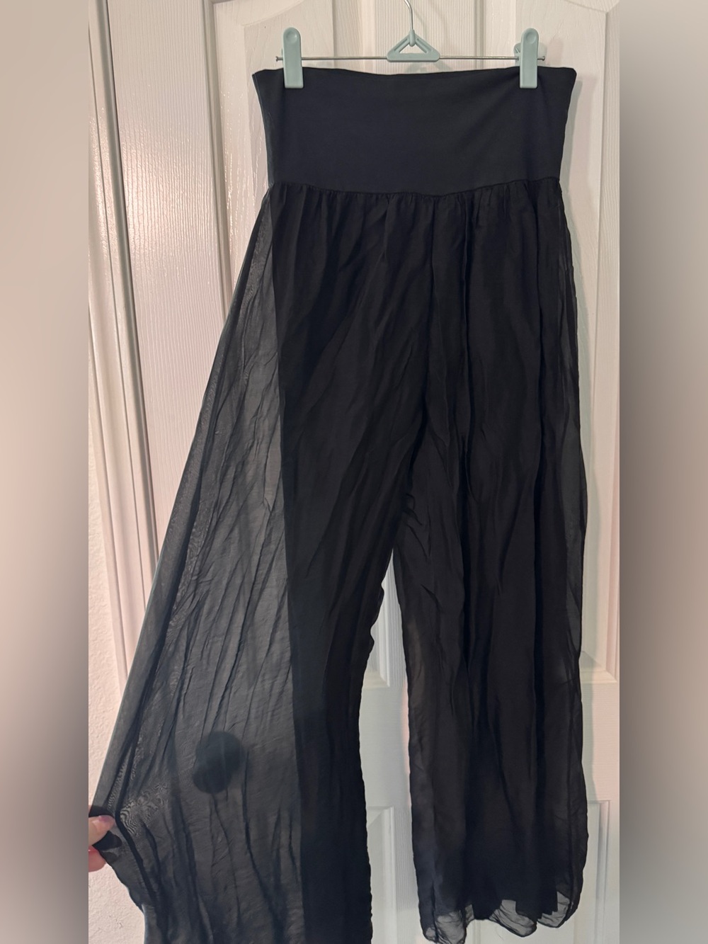 Black Sheer Wide-Leg Palazzo Pants with High Waist Italian silk-blend sheer wide